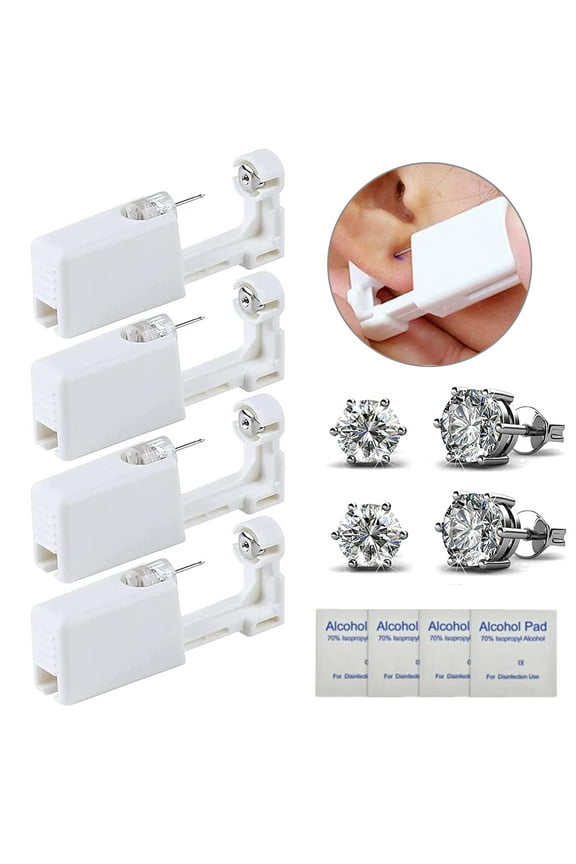 Disposable Ear Piercing Kit, SET of 4 Self Ear Piercing Kit with Ear Studs for Ears, Nose and Lips White