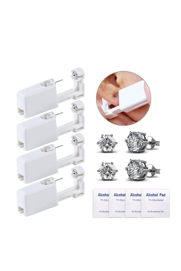 Disposable Ear Piercing Kit with Studs for Ears, Nose, and Lips, Set of 4, White