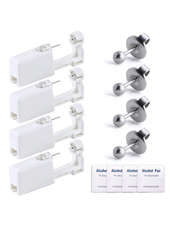 Disposable Self Ear Piercing Kit with Ear Studs, Painless Safety Unisex Sterile Piercer Tool Set for Ears, Nose and Lips, 4 Count, Silver, 5mm