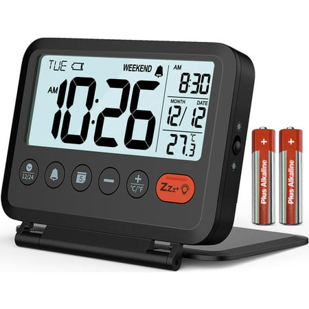 VOCOO Digital Travel Alarm Clock with LCD Display, Battery Operated, Folding Desk Clock - Black