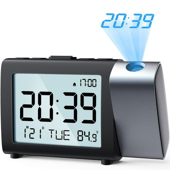 VOCOO Projection Alarm Clock for Bedroom, Digital Black LCD Clock with Blue Light Projection on Ceiling Wall for Kids Elderly Adults (with US Power Adapter)