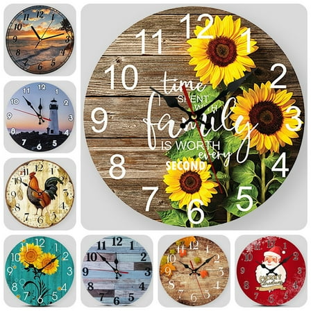 VOCOO 10'' Round Wooden Rooster Wall Clock, Silent Non-Ticking Rustic Farmhouse Clock for Kitchen, Home, Office
