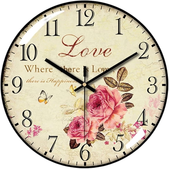 VOCOO Love & Rose Glass Wall Clock, Silent Non-Ticking Classic Clock, 12 Inch Large Round Quartz Clock, Home Decor, Battery Operated