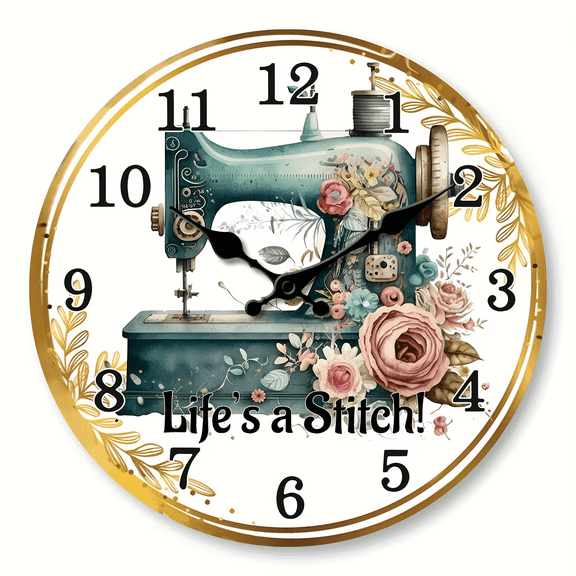 VOCOO Sewing Machine Print Round Retro Wall Clock, Silent Non-Ticking Battery Operated Clock 10 inch, Decor for Bathroom, Bedroom, Kitchen, Office School