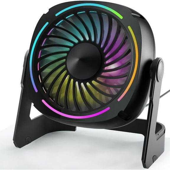 VOCOO Small USB Desk Fans - 5.3 Inch Portable Table Fans with 3 Levels Air Flow, 8 Color LED Lights, 360° Rotation, Quiet Mini Personal Fan for Home Office Desktop