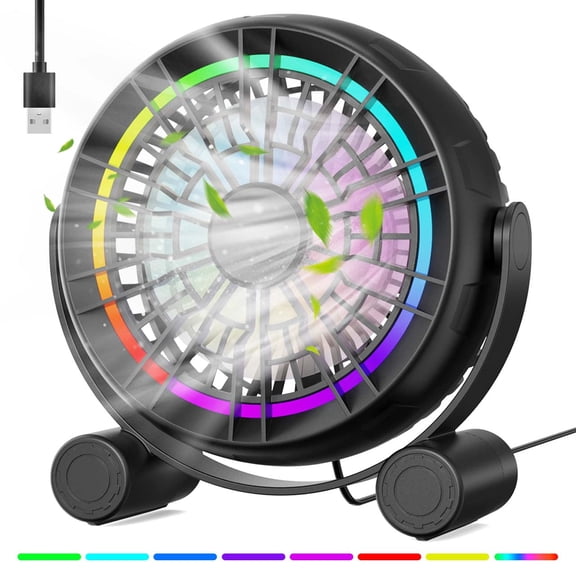 VOCOO USB RGB Desk Fan with 4.9ft Cable, Portable Cooling Personal Quiet Fan, 3 Strong Speeds, 8-Color LED Lights, 360° Rotate Adjustable, for Home Office Desktop Bedroom