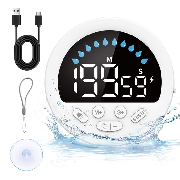 VOCOO Waterproof Digital Timer with Visual Water Droplet Progress Bar, Countdown/Count-up Timer for Kitchen Bathroom, Hangable/Suction-Cup Mountable/Freestanding