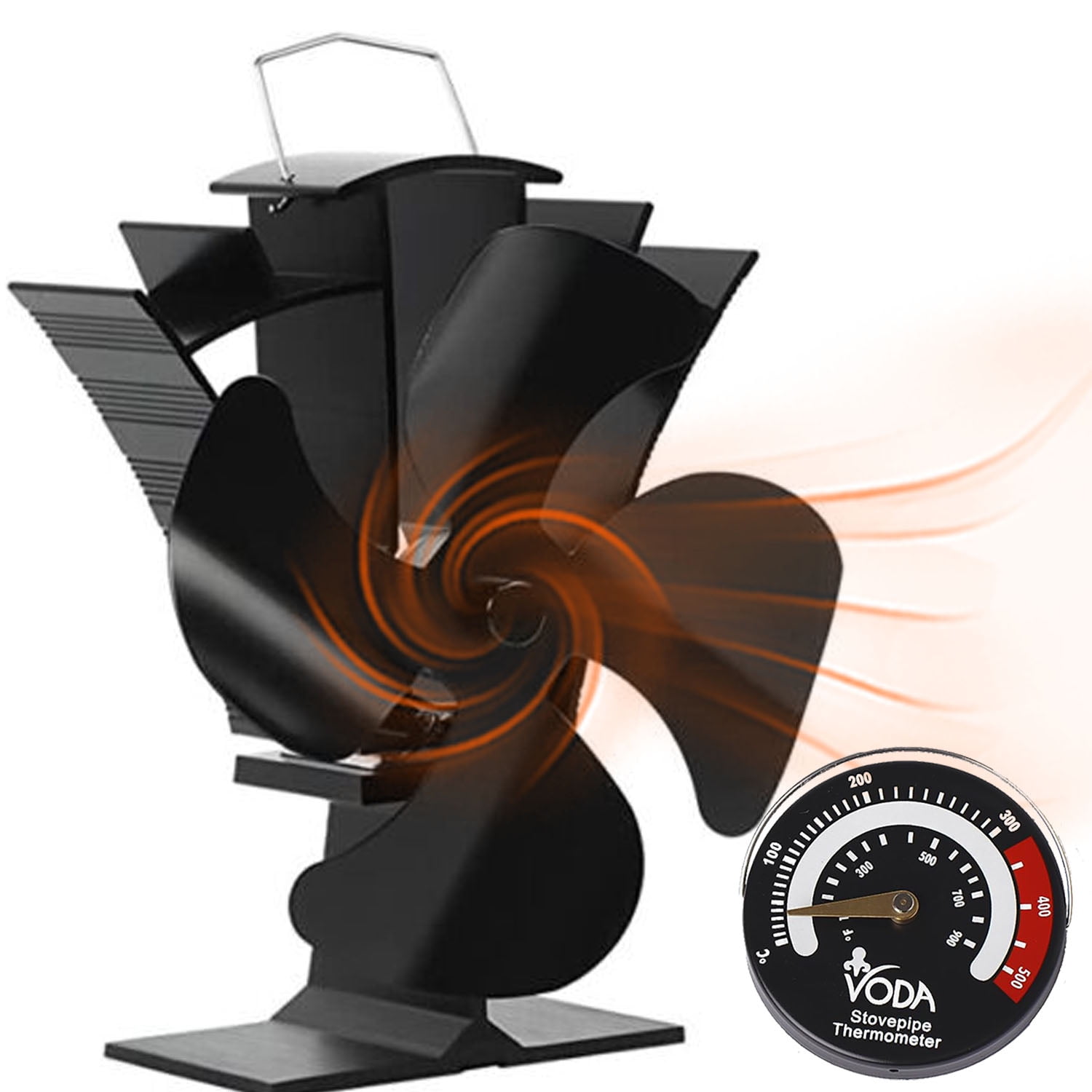 VODA Wood Stove Fan Eco Fan Heat Powered Friendly Circulation Black