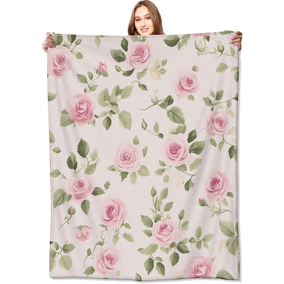 VODRM Floral Pink Rose Blanket Flower Throw Blankets with Green Leaves,Birthday Gifts for Women Girls,Lightweight Soft Fleece,for Sofa Couch Bed Room Spring Artistic Romantic Decor 60x80in Y101