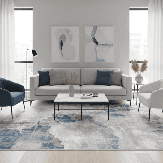VOGGES 8'x10' Washable Area Rugs for Living Room, Modern Industrial Area Rug Contemporary Watercolor Design Carpet, Non Slip Indoor Modern Abstract Rug for Bedroom, Dining Room Carpets, Slate Blue