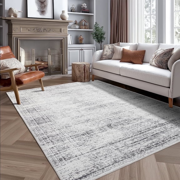 VOGGES 8'x10' Washable Area Rugs for Living Room, Gray Faded Area Rug Modern Vintage Distressed Design Carpet, Non Slip Indoor Farmhouse Decor Rug for Bedroom, Dining Room Carpets, Silver Mist