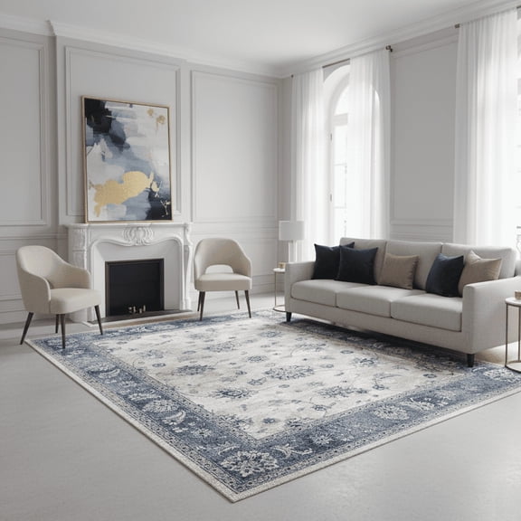 VOGGES 8'x10' Washable Area Rugs for Living Room, Vintage Floral Area Rug Distressed Oushak Design Carpet, Non Slip Indoor French Country Decor Rug for Bedroom, Dinning Room Carpets, French Blue
