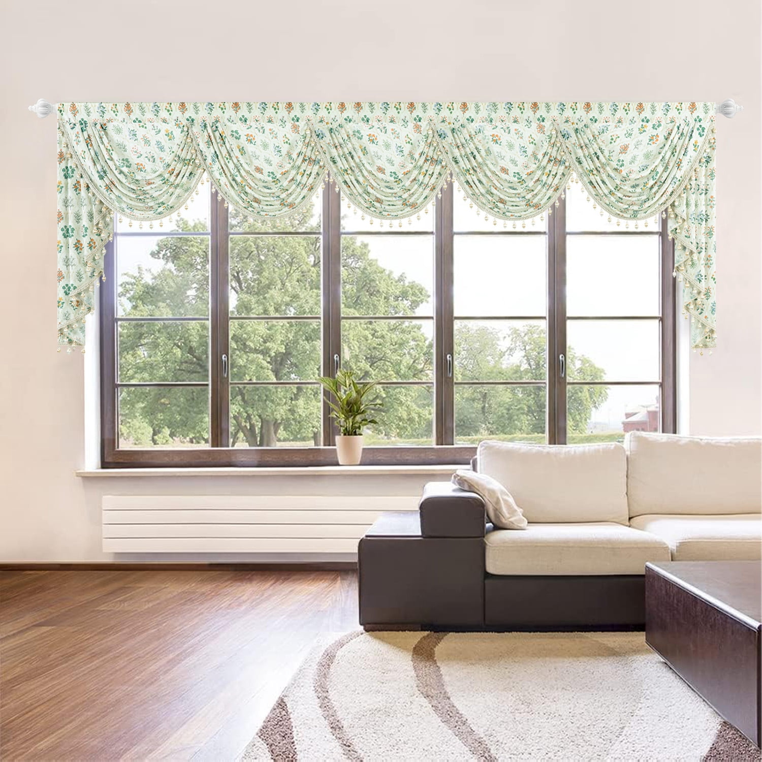 VOGOL Bay Window Waterfall Valance 138x43 Inch - Farmhouse Vintage Floral Sheer Voile, Extra Wide with Buttercream Beaded Trim