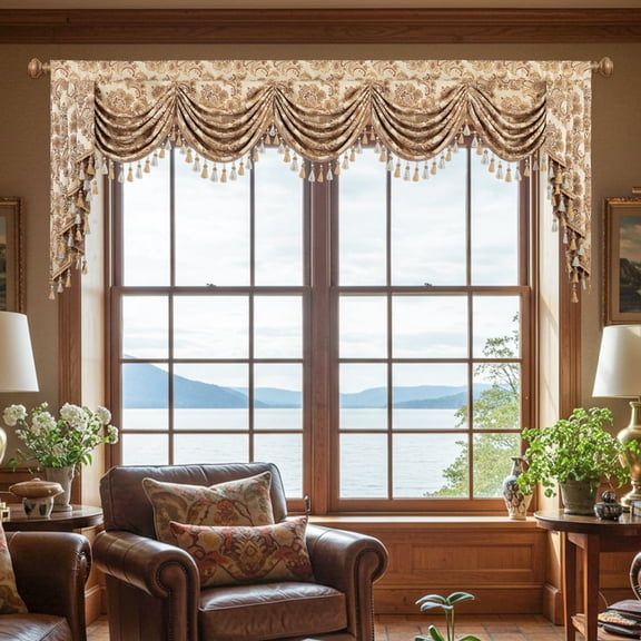 VOGOL Beige Damask Valance, Beaded Tassels Swag Curtains 138x43 Inches for Villa Windows
