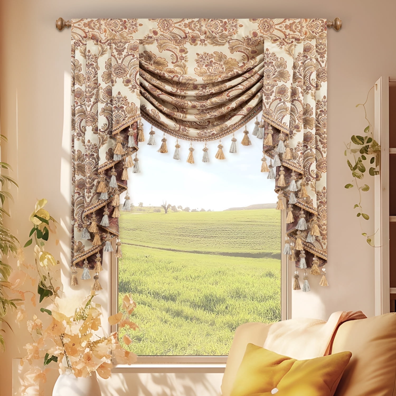 VOGOL Beige Damask Valance, Vintage Swag Curtains with Beaded Trim 39x43 Inches for Cottage
