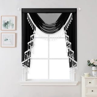 VOGOL Black Sheer Valance for Kitchen Window, Retro European Style Waterfall Valances for Living Room, 39 inches Wide Light Filtering Swag Curtains Valance with Tassels, 1 Panel