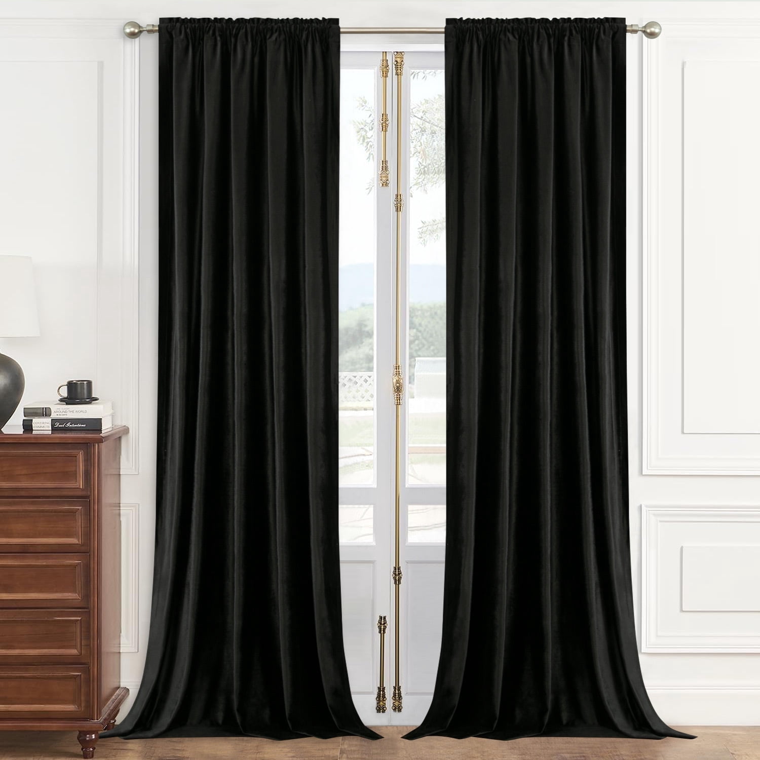 VOGOL Black Velvet Blackout Curtains, Thermal Rod Pocket Drapes 60x96 Inches for Bedroom & Living Room