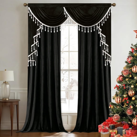 VOGOL Black Velvet Waterfall Valance & Curtains Set, Beaded Tassel Thermal Drapes 52x96 Inches for Bedroom & Living Room