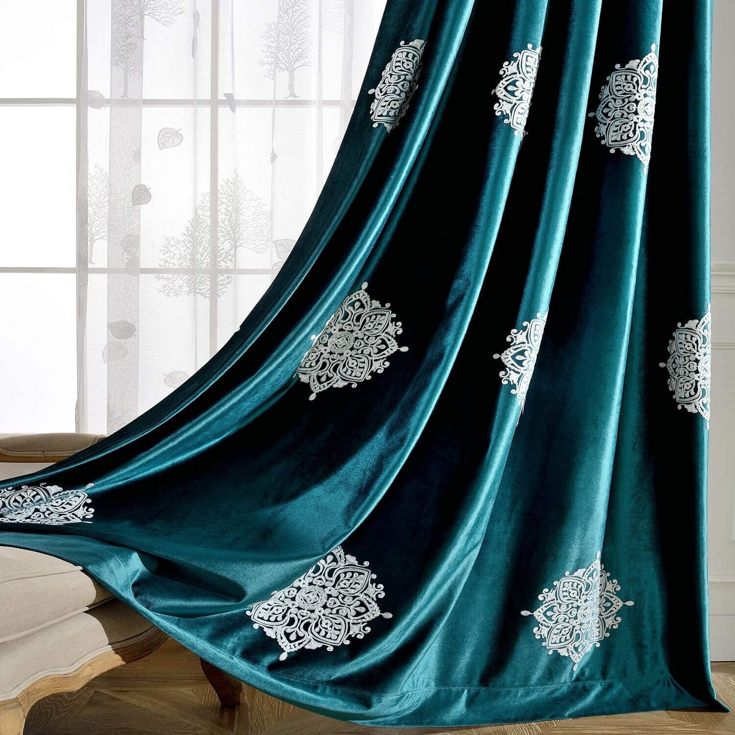 VOGOL Blackout European Floral Window Curtains, Embroidered Retro Velvet Drapes or Bedroom Living Room Guest Room, 2 Panels, W52"xL96", Grommet Top, Green