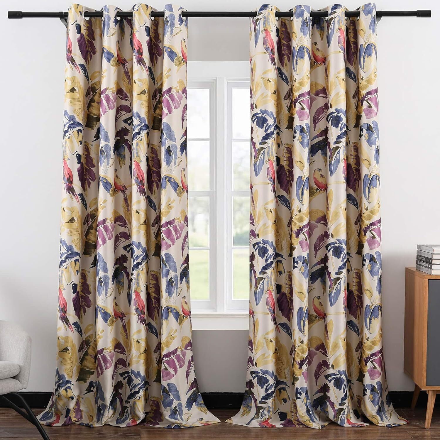 VOGOL Blackout Heavyweight Curtains for Sliding Door, Purple Macaw & Plant Print Window Treatment Drapes for Bedroom Decor, 2 Panels, 52 x 84, Grommet