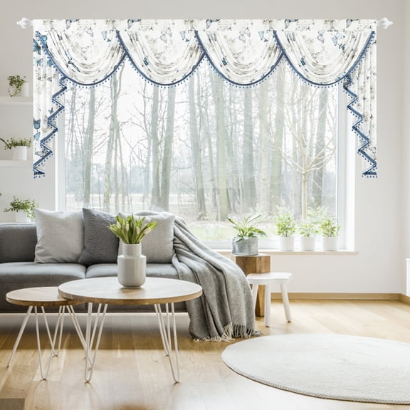 VOGOL Blue Butterflies Valance, Waterfall Swag Drapes with Bead Tassels for Bedroom Decor, 110x43 Inches