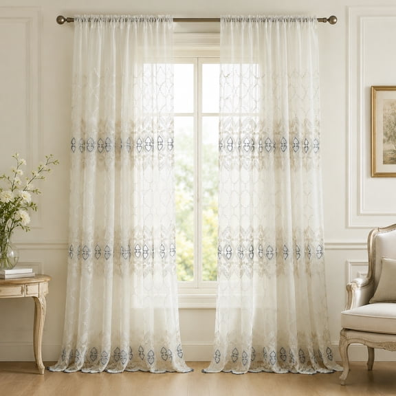 VOGOL Blue Embroidered Sheer Curtains 96 Inches Long Scalloped Rod Pocket 2 Panels