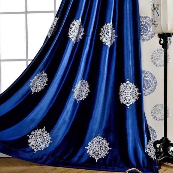 VOGOL Blue European Style Embroidered Elegant Curtains, Floral Pattern Velvet Window Drapes for Living Room Bedroom, Set of 2, 84 Inches Long, Top Grommet