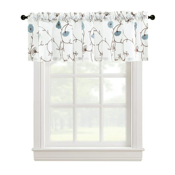 VOGOL Blue Floral Embroidered Linen Valance, Rod Pocket Light Filtering Kitchen Curtain, 52x12inch, One Piece