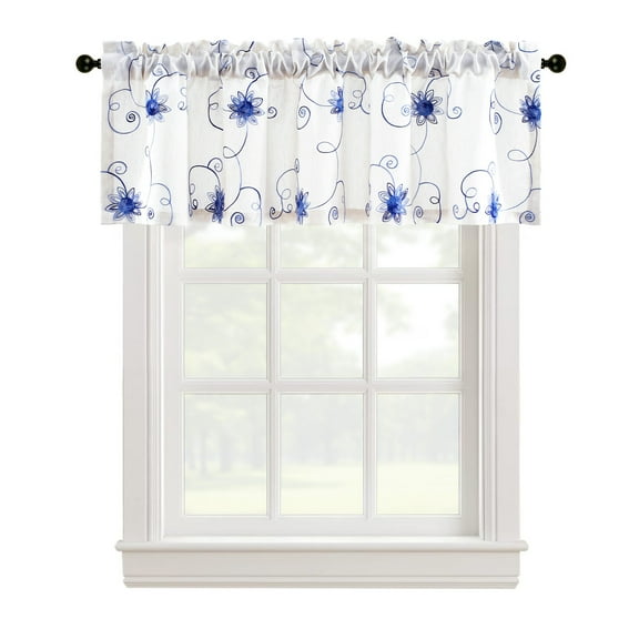 VOGOL Blue Floral Embroidered Valances, Rod Pocket Light Filtering Curtain Valances for Kitchen, One Panel, 52"x12"
