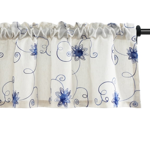 VOGOL Blue Floral Valance, Rod Pocket Light Filtering Kitchen Curtain 52x14 Inches