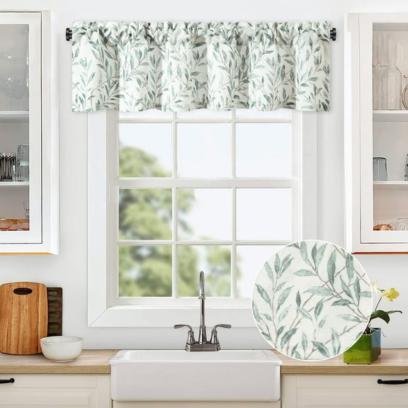 VOGOL Blue Leaves Print Valance, Rod Pocket Light Filtering Bathroom Curtain 52x14 Inches