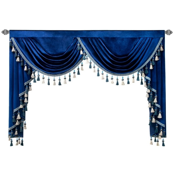 VOGOL Blue Velvet Kitchen Valance, Decorative Waterfall Curtain for Living Room Guest Room Windows, 59 inch Wide Rod Pocket, 1 Panel