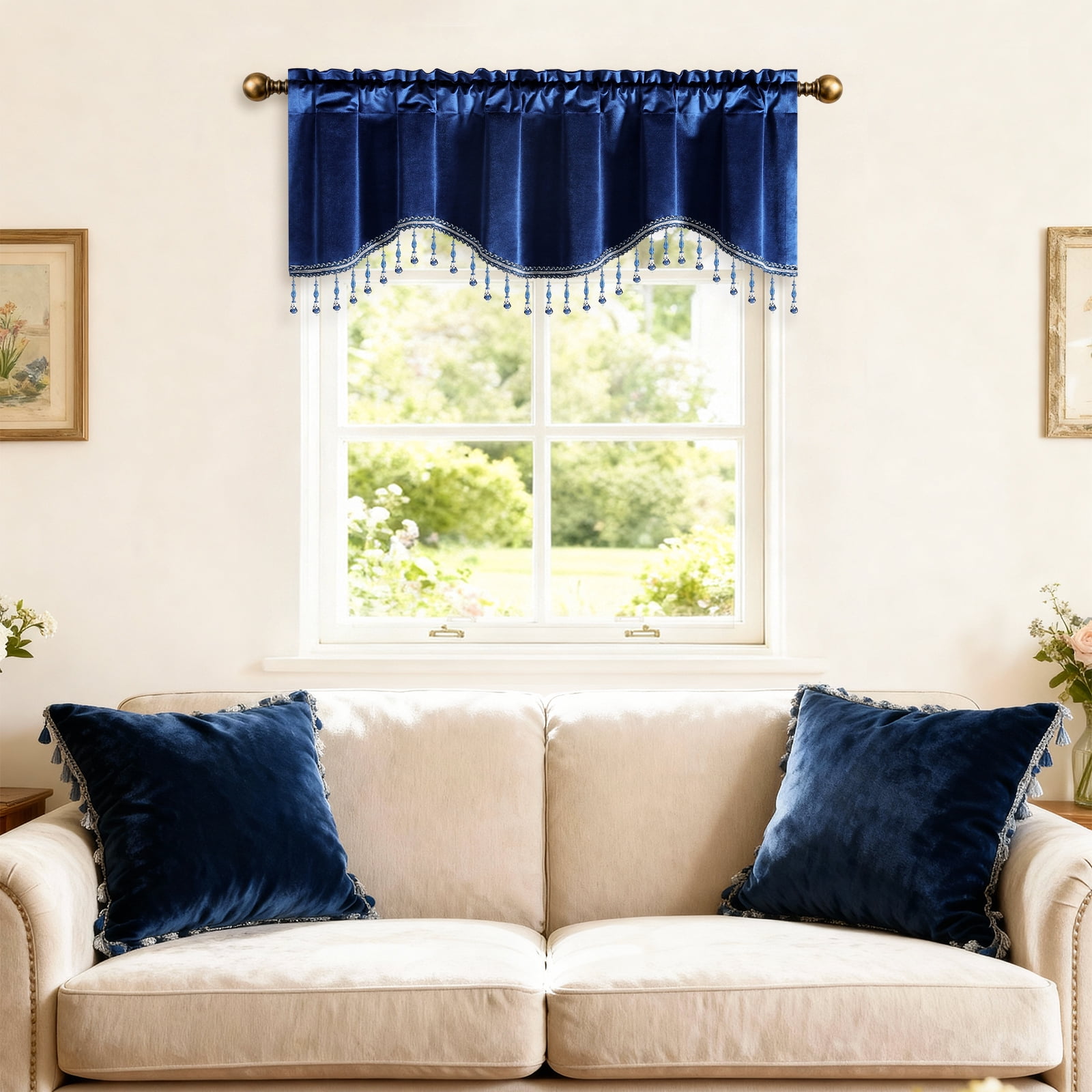 VOGOL Blue Velvet Scalloped Window Valance with Beaded Trim, Elegant Decorative Curtain Topper for Living Room Bedroom