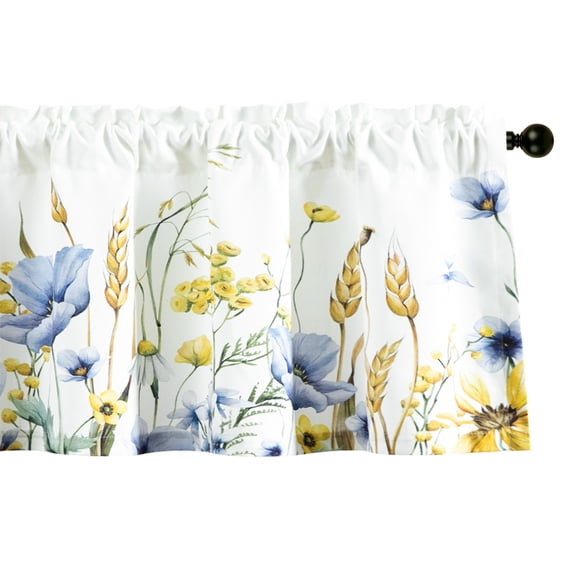 VOGOL Botanical Blue Valance, Linen Look Rod Pocket Curtain 52x18 Inches for Bedroom