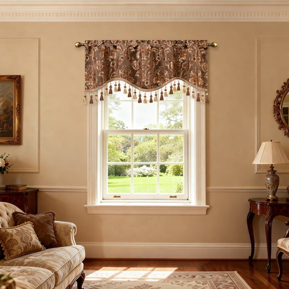 VOGOL Brown Classic Damask Valance with Beaded Fringe, 52x18 Inch Rod Pocket Luxury Window Treatment for Living Room or Study