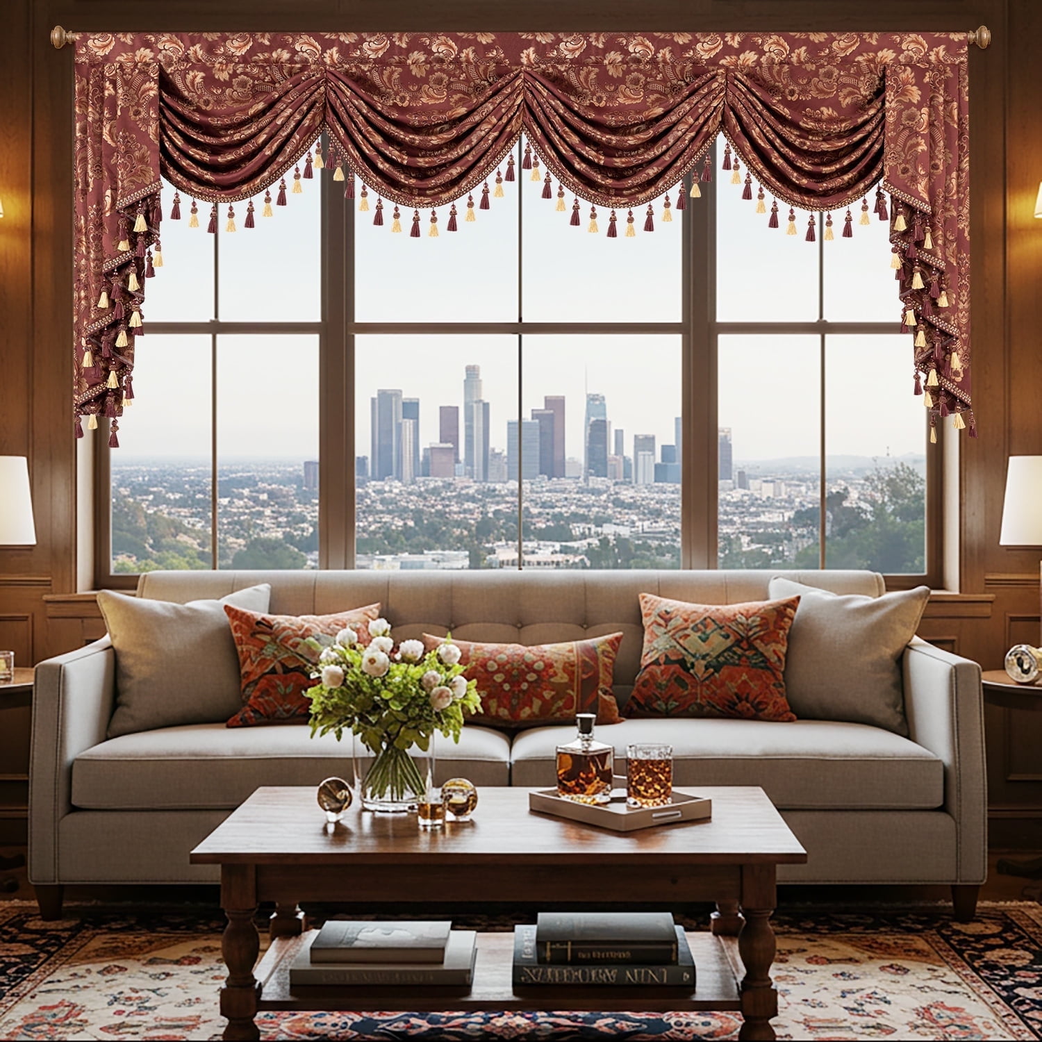 VOGOL Burgundy Damask Valance, Ultra Wide Swag Curtains with Beads 110x43 Inches for Bedroom