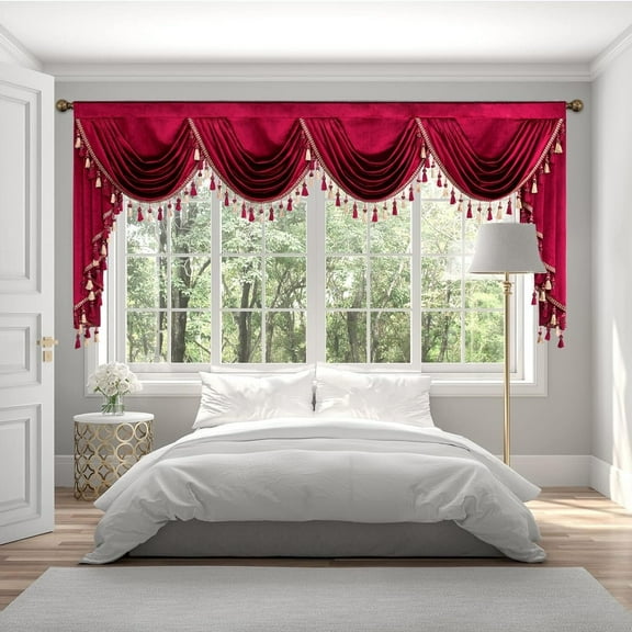 VOGOL Burgundy Valances for Kitchen, Light Filtering Velvet Waterfall Valance with 4 Wags, Rod Pocket Window Treatment for Bedroom, 110 inches Wide, 1 Piece