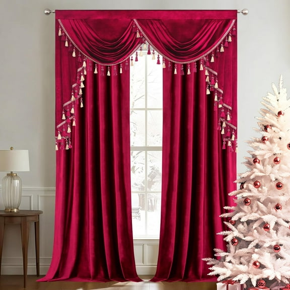 VOGOL Burgundy Velvet Curtains & Waterfall Valance Set, Light Filtering Rod Pocket Drapes 52x84 Inches for Living & Bedroom