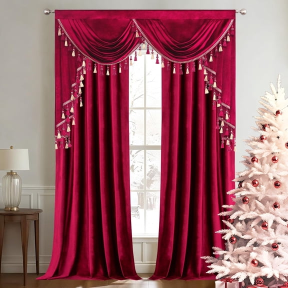VOGOL Burgundy Velvet Curtains & Waterfall Valance Set, Vintage Thermal Drapes 52x96 Inches for Living Room & Bedroom