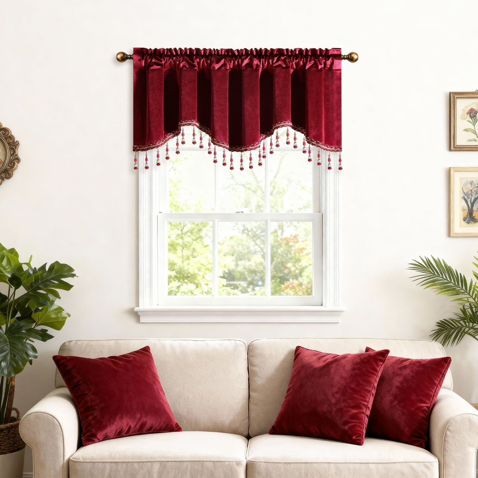 VOGOL Burgundy Velvet Scalloped Window Valance with Beaded Trim, Classic Decorative Curtain Topper for Living Room Bedroom