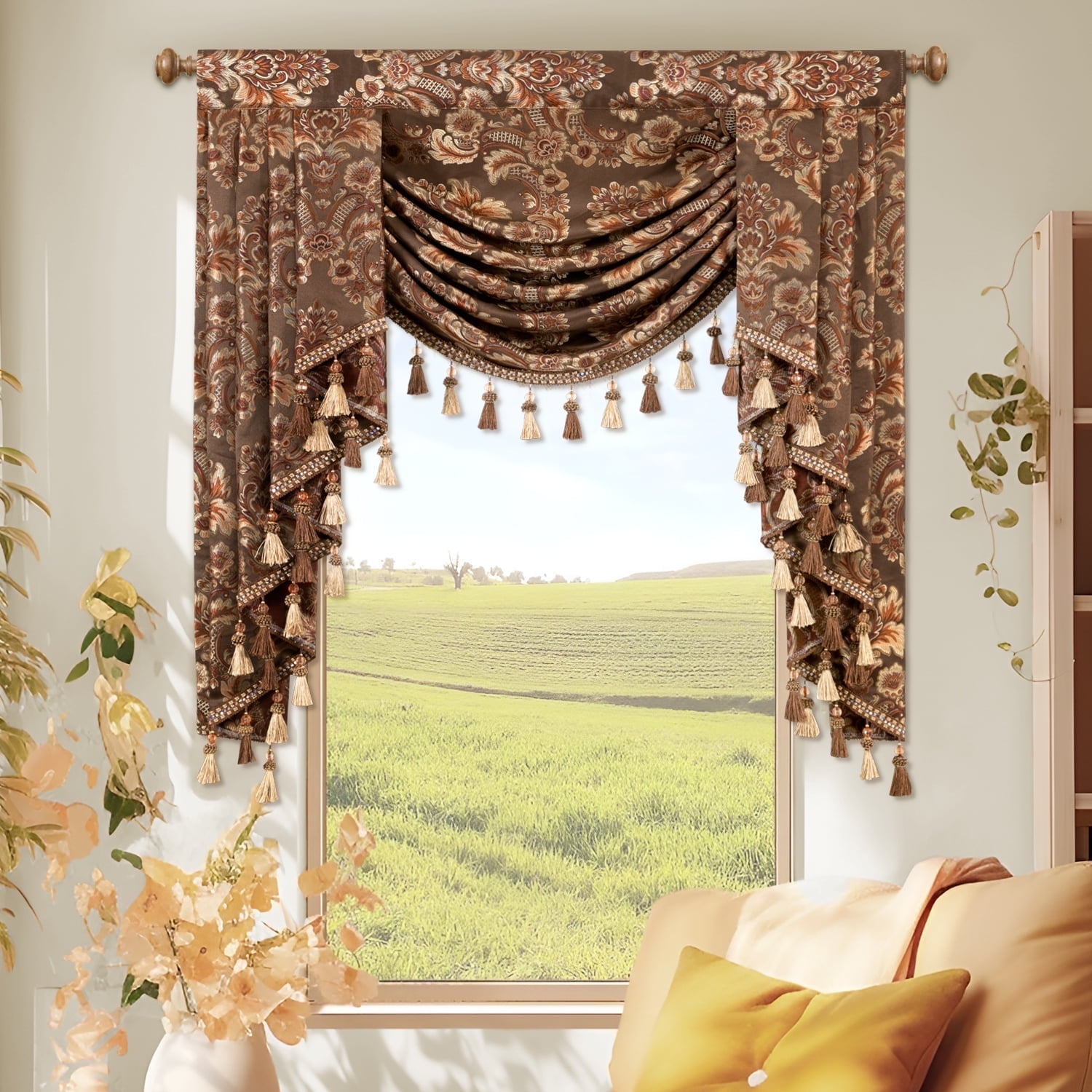 VOGOL Coffee Brown Damask Valance, Heavyweight Swag Curtains with Tassels 39x43 Inches for Bedroom