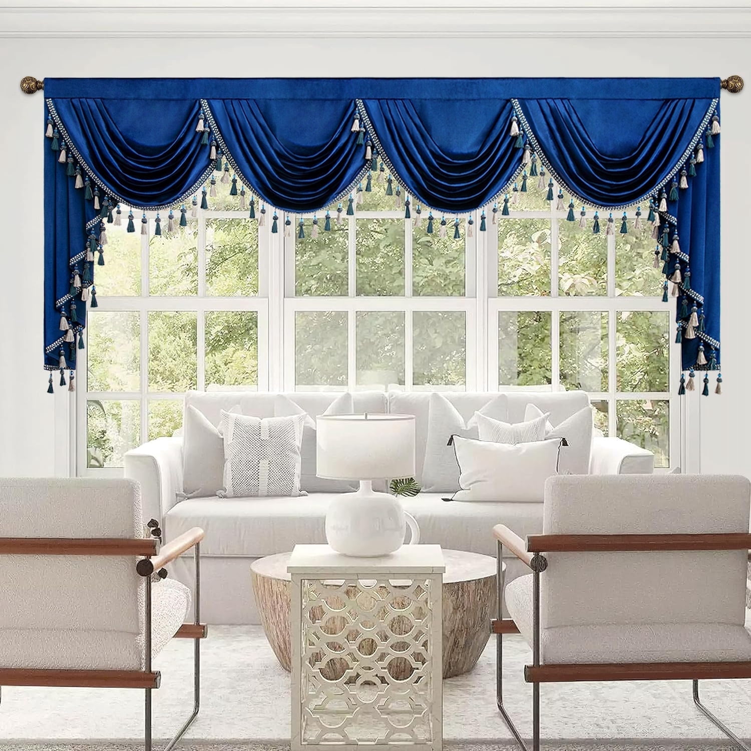 VOGOL Dark Blue Extra Wide Waterfall Valance, Thick Soft Velvet