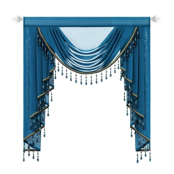 VOGOL Dark Blue Sheer Waterfall Valances, Luxury European Style Swag Curtains Valance for Living Room Bay Windows, Light Filtering Voile Curtain with Bead Tassels, 1 Panel, 39 inches Wide