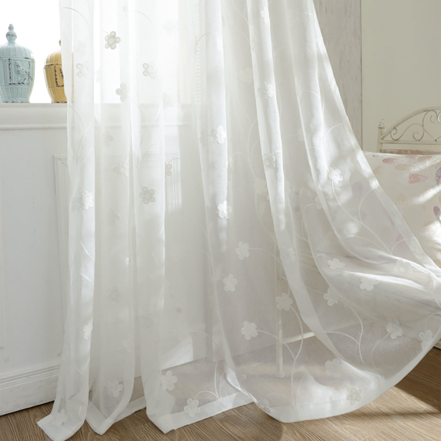 VOGOL Decor White Flower Embroidered Sheer Curtain Panels Set of 2, Farmhouse Airy Voile Sheer for Bedroom, 52x96 inches, Rod Pocket