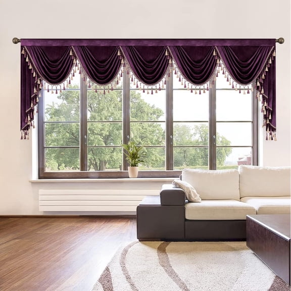 VOGOL Deep Purple Velvet Valance - 138"W Waterfall Swag with Beaded Tassels, Open Concept Living Room & Bedroom Curtain