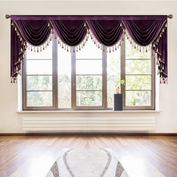 VOGOL Extra Wide Purple Velvet Valance - 110"W Waterfall Swag for Sliding Doors & Panoramic Windows