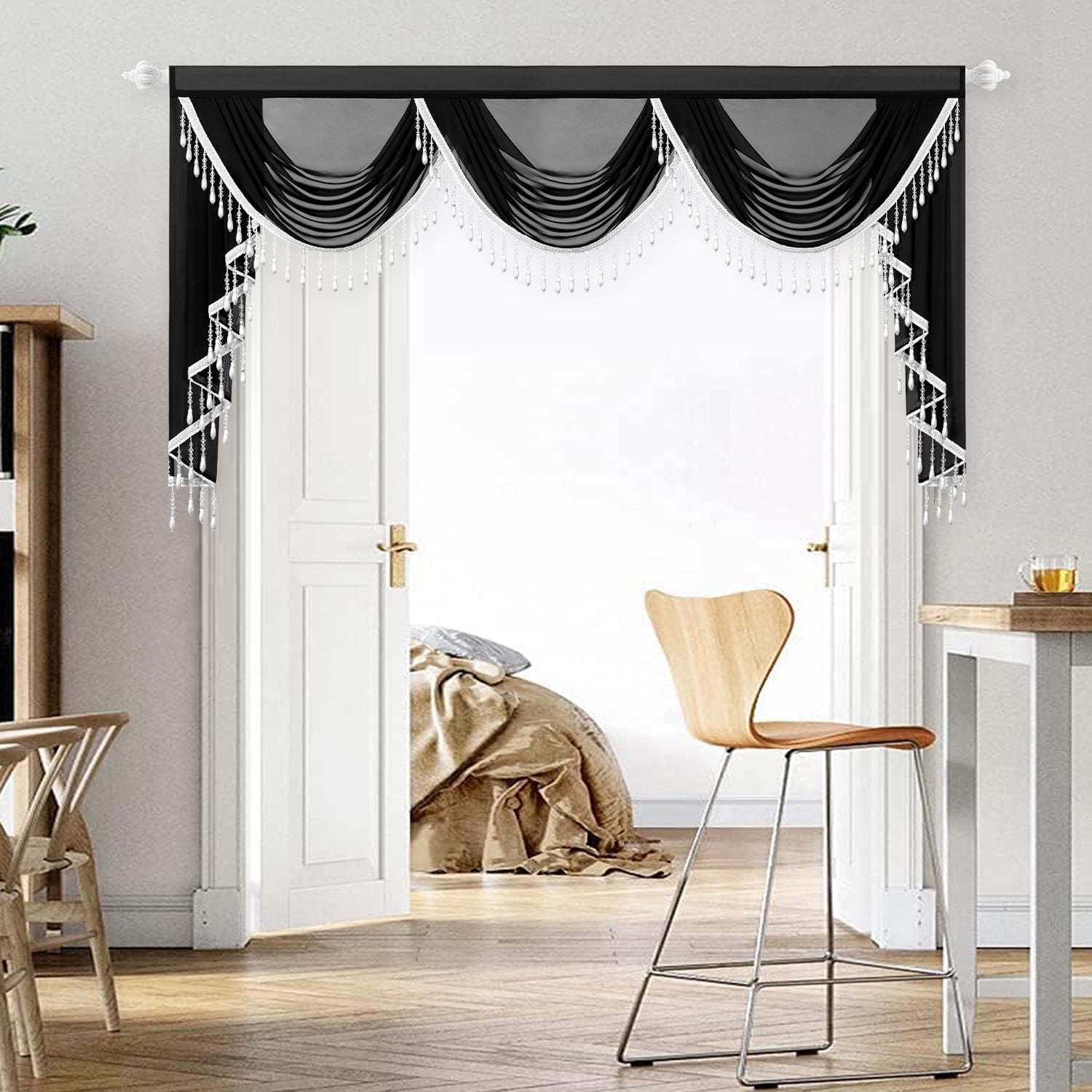 VOGOL Extra Wide Sheer Curtains Valance, 79 inches Wide European Style Breathable Silky Waterfall Valances for Bedroom Bathroom Nursery, Rod Pocket Swag Valance with Tassels, 1 Panel, Black