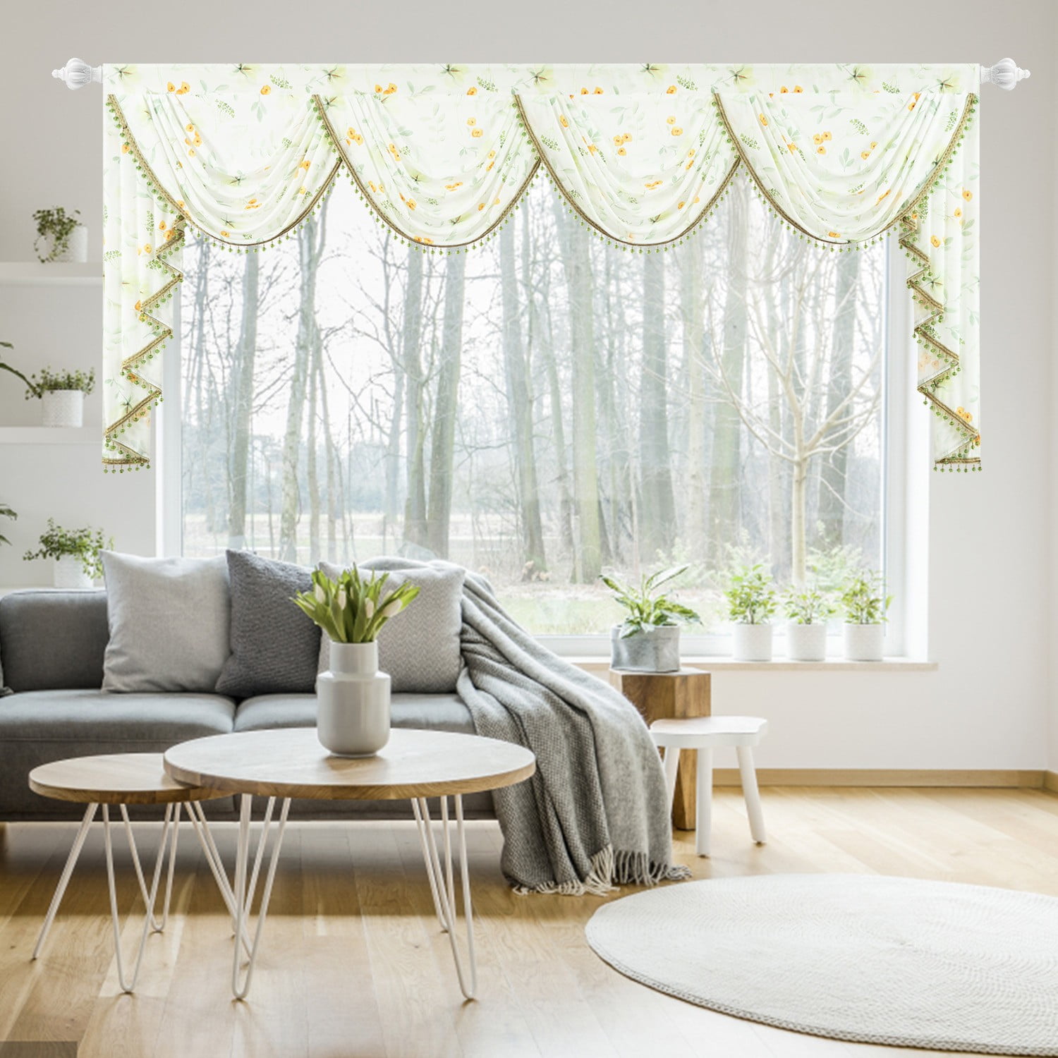 VOGOL Extra Wide Sheer Valance, Plants Print Waterfall Swag Curtains 110x43 Inches for Nursery & Bedroom
