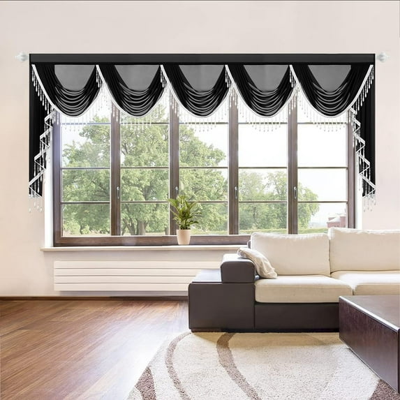 VOGOL Extra Wide Sheer Waterfall Valances, Light Filtering Voile Curtain Panels with 5 Swags, 1 Pack Vintage Style Rod Pocket Drapes for Kitchen Windows, 138 inches Wide, Black