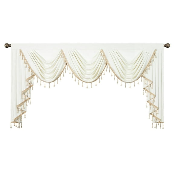 VOGOL Extra Wide Swag Valances for Living Room, White Thermal Insulated Privacy Waterfall Valance for Kitchen Windows, 1 Panel Soft Decorative Curtain with Bead Tassels, 79 inches Wide